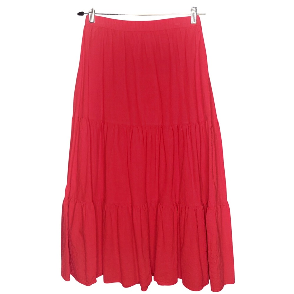 ANRABESS Maxi Skirt Womens Large Red Tiered Boho Rayon Elastic Waist Pockets